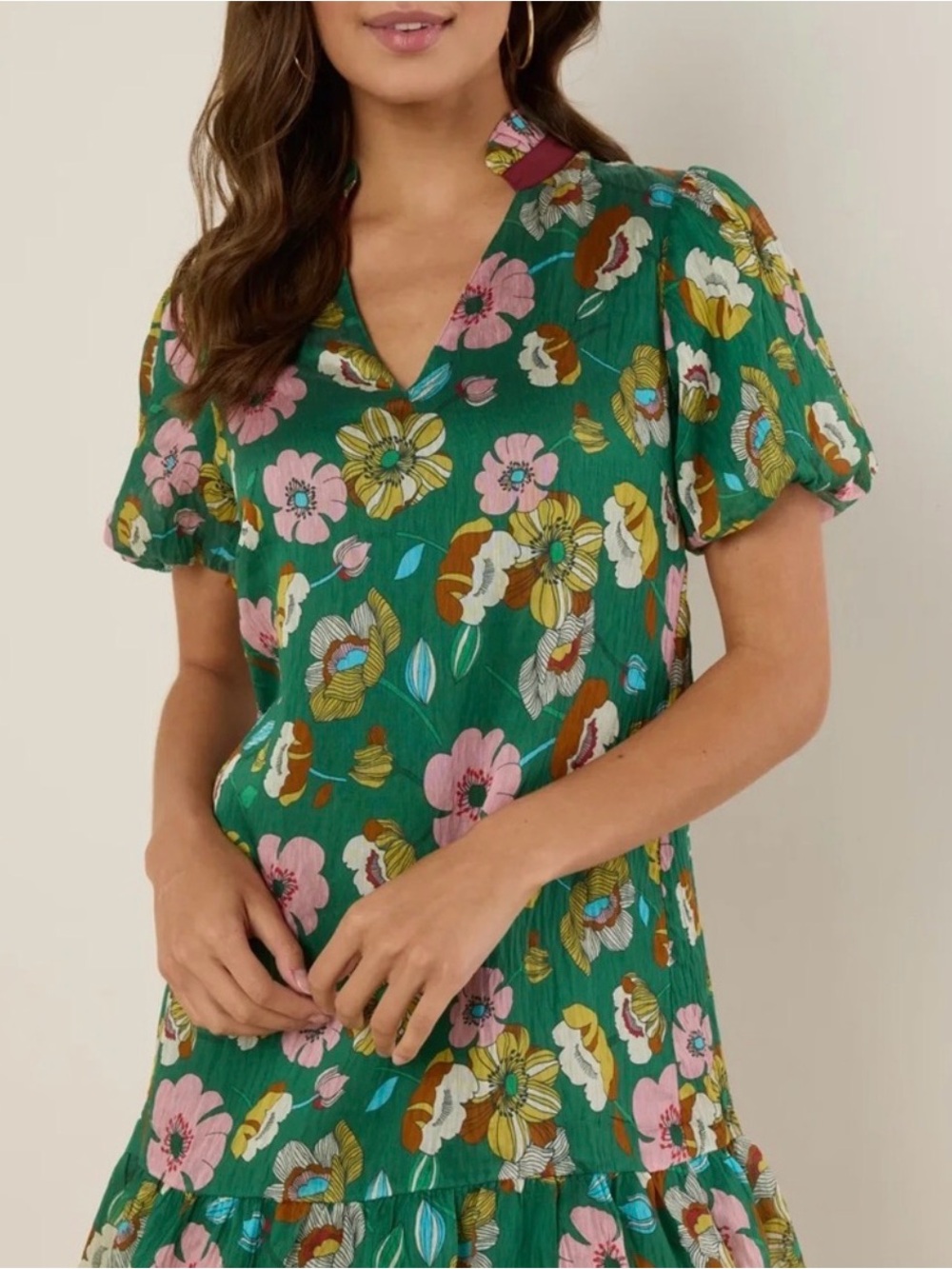 NWT Anthropologie THML Green Floral V-Neck Puff Sleeve Mini Dress